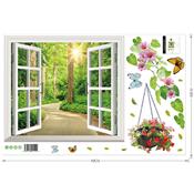 Sticker 3D adhésif fausse fenêtre sur vue forestière avec fleurs (60 x 90 cm)
