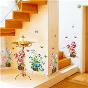 Sticker adhésif 3 pots de fleurs champêtres et papillons (3 pots de 40 x 30 cm)