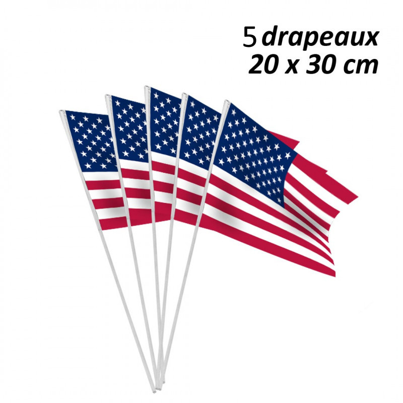 5 Drapeaux USA 20 x 30 cm sur tige pvc 50 cm