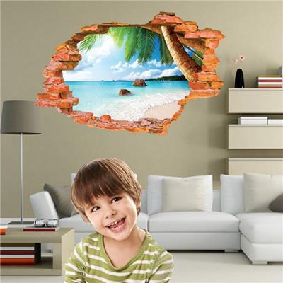 Sticker 3D adhésif plage tropicale dans mûr de brique cassé (87 x 56 cm)