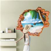 Sticker 3D adhésif plage tropicale dans mûr de brique cassé (87 x 56 cm)