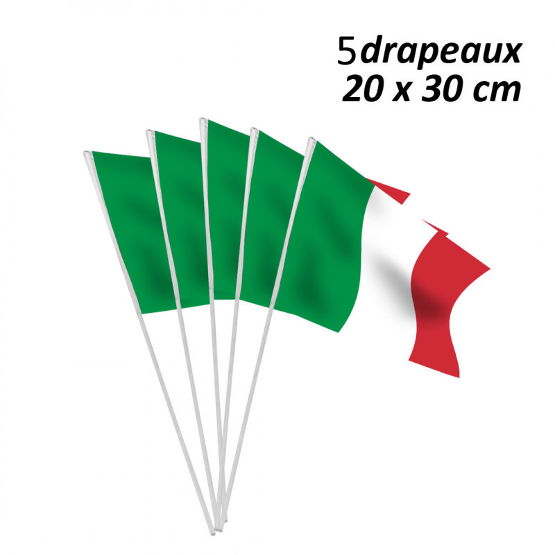 5 Drapeaux Italie 20 x 30 cm sur tige pvc 50 cm