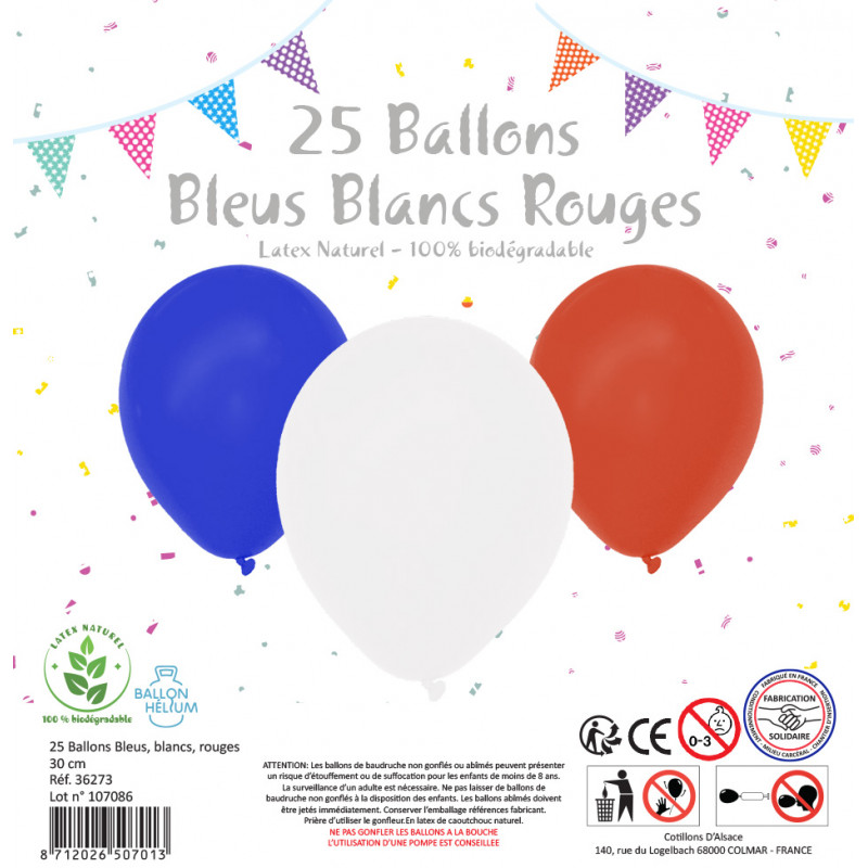 25 Ballon bleu , blanc,  rouge - 30 cm