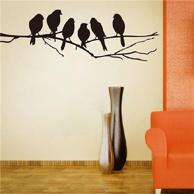 Sticker adhésif d'intérieur oiseaux noirs perchés sur branche (26 x 85 cm)