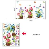 Sticker adhésif 3 pots de fleurs champêtres et papillons (3 pots de 40 x 30 cm)