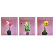 3 Stickers 3D adhésifs fleurs romantiques dans vases (33 x 33 cm pièce)