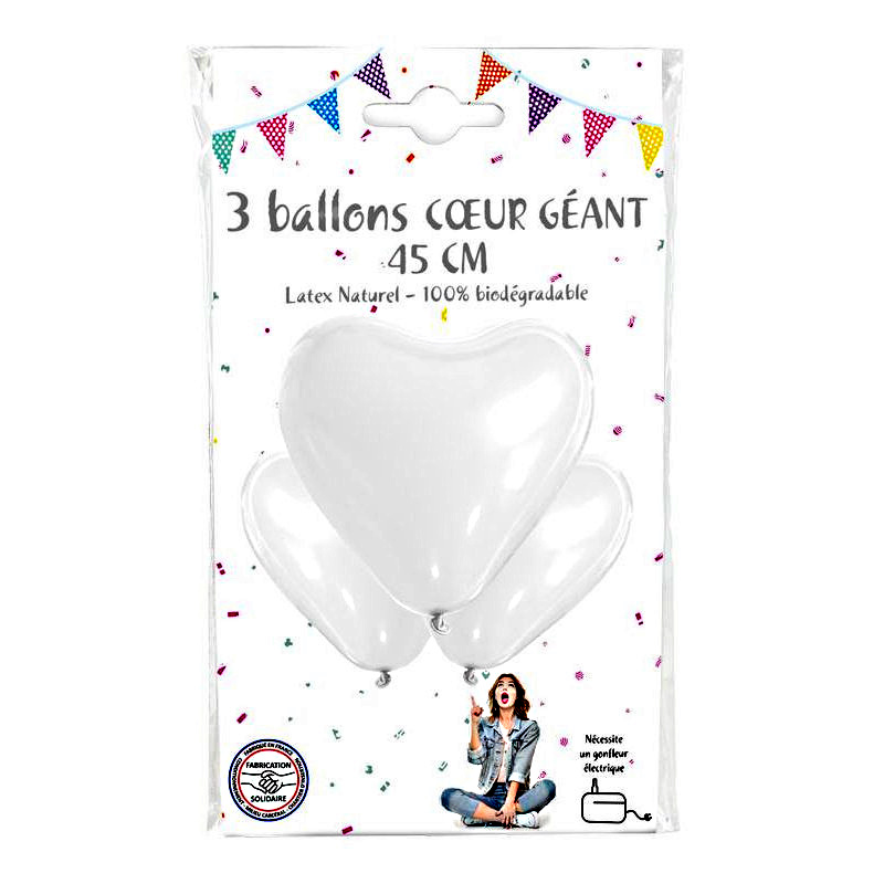 3 Ballons XL coeur blanc 45cm
