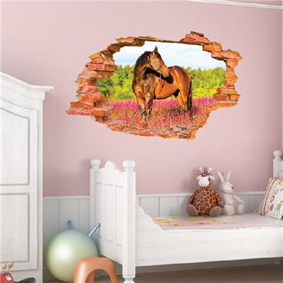 Sticker 3D adhésif cheval dans mûr de brique cassé (87 X 56 cm)