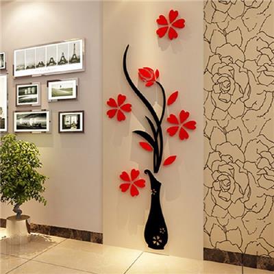 Vase et fleurs rouges 3D miroir acrylique adhésif (100 x 39 cm)