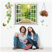 Sticker 3D adhésif fausse fenêtre sur vue forestière avec fleurs (60 x 90 cm)