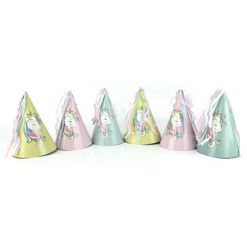 6 chapeaux licorne cartonnées enfant avec rubans - 16 cm ht