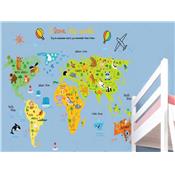 Sticker adhésif d'intérieur coloré et animé de la carte du monde (88 x 110 cm)