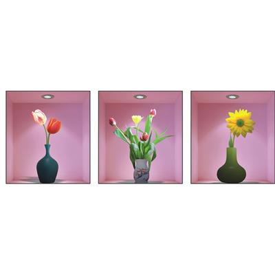 3 Stickers 3D adhésifs fleurs romantiques dans vases (33 x 33 cm pièce)