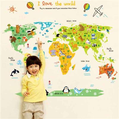 Sticker adhésif d'intérieur coloré et animé de la carte du monde (88 x 110 cm)