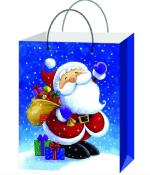 Sac cadeau carton gélifié père noel sur fond bleu - 32 x 26 cm