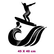 Surfeur sur vague 3D miroir acrylique noir adhésif (45 x 40 cm)